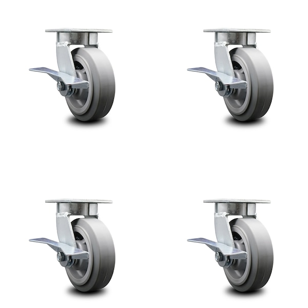 6 Inch Kingpinless Thermoplastic Rubber Wheel Swivel Caster Set with Brakes SCC
